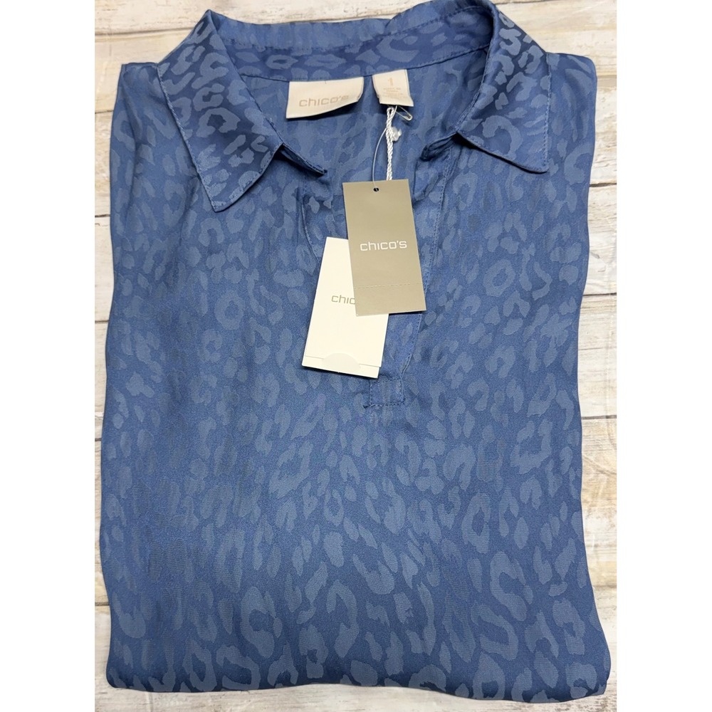 Chicos Maltese Blue Animal Jacquard Top LS Fashion Woven  Size 1(U.S. 8)  NWT